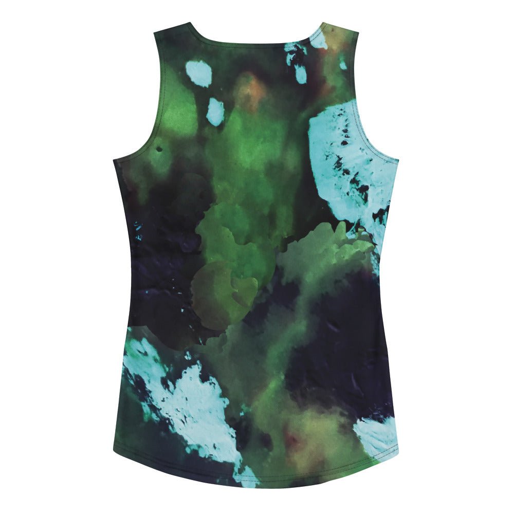 A woman modeling  the abstract flow performance tank, a a sleeveless athletic tank top with a green, teal, and black abstract watercolor pattern