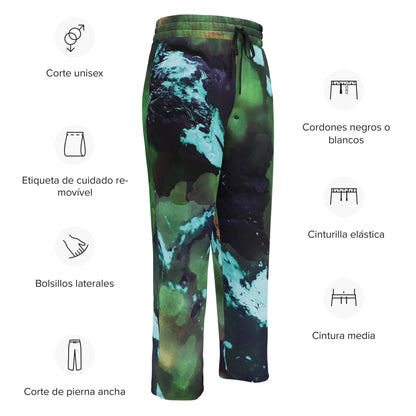 A close-up of The Abstract Flow Joggers' print, showing the soft recycled polyester fabric and the abstract expressionism brush strokes in green and blue.