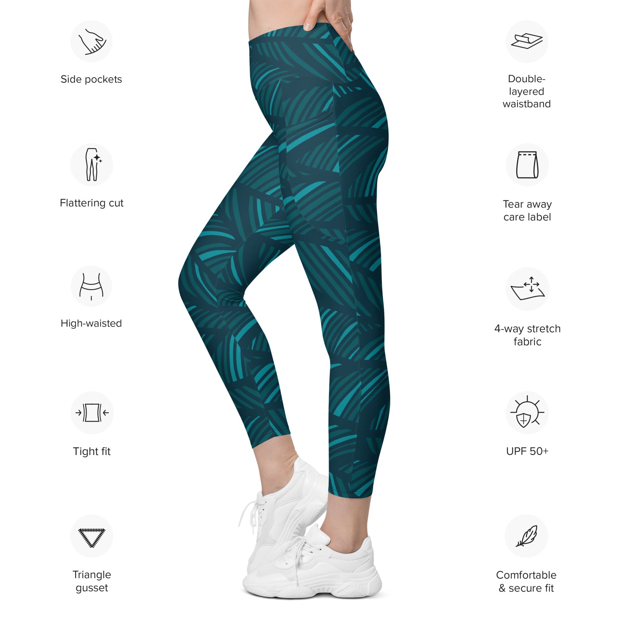 A model wearing The Amazonia Sculpt Leggings, showing the sculpting fit and the smooth dark green curved line print.