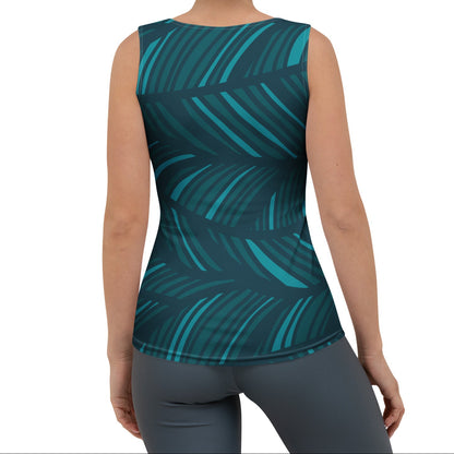 Model wearing the amazonia performance tank featuring the vibrant green and blue strokes print