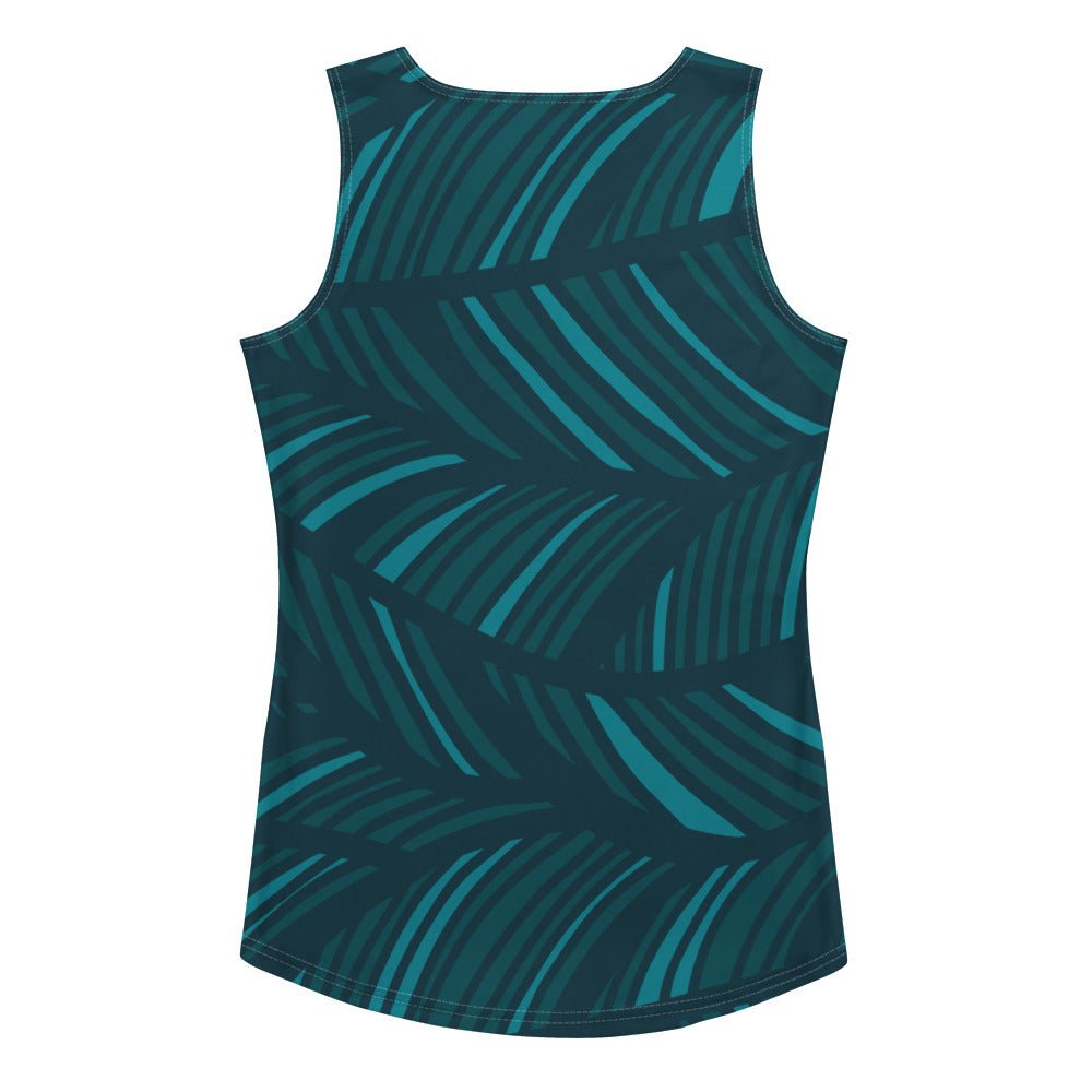 the amazonia performance tank featuring the vibrant green and blue strokes print