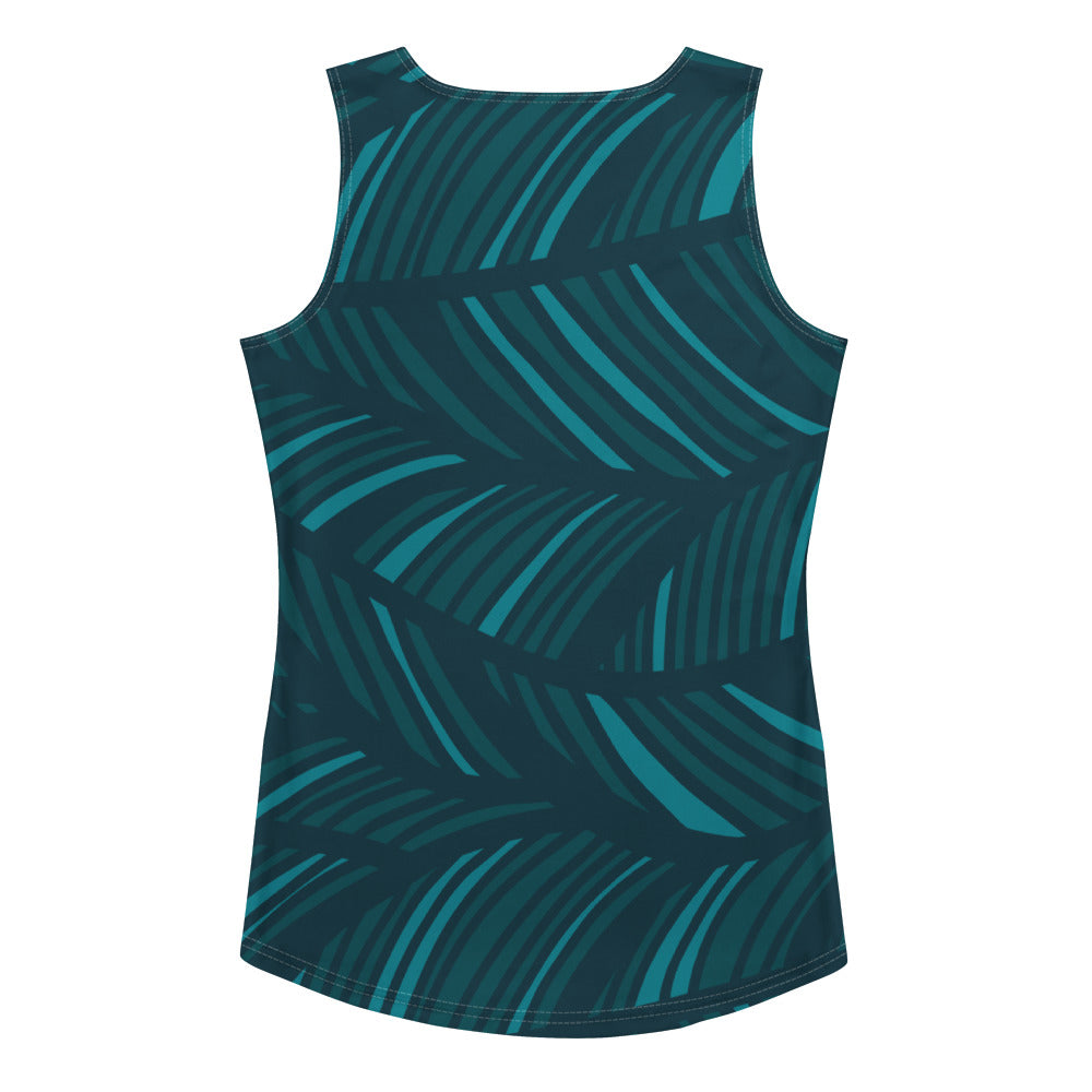 the amazonia performance tank featuring the vibrant green and blue strokes print