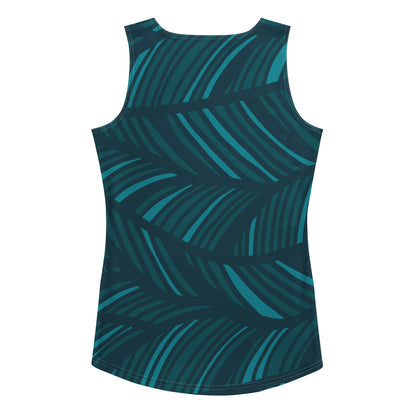 the amazonia performance tank featuring the vibrant green and blue strokes print