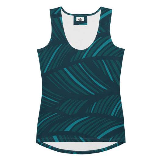 The amazonia performance tank featuring blue and green strokes.