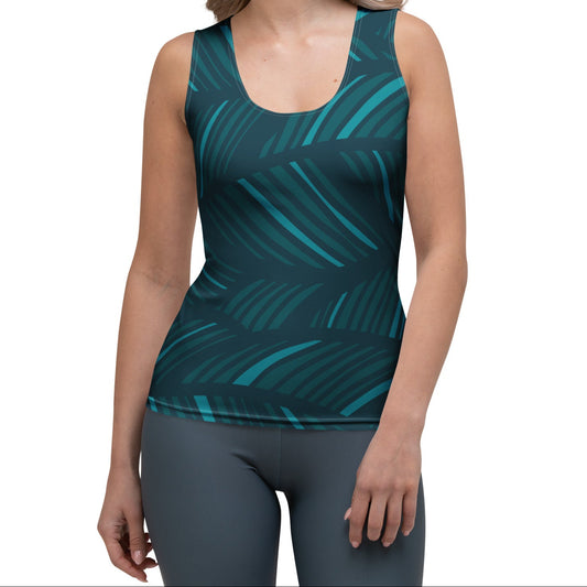 Model wearing the amazonia performance tank featuring the vibrant green and blue strokes print