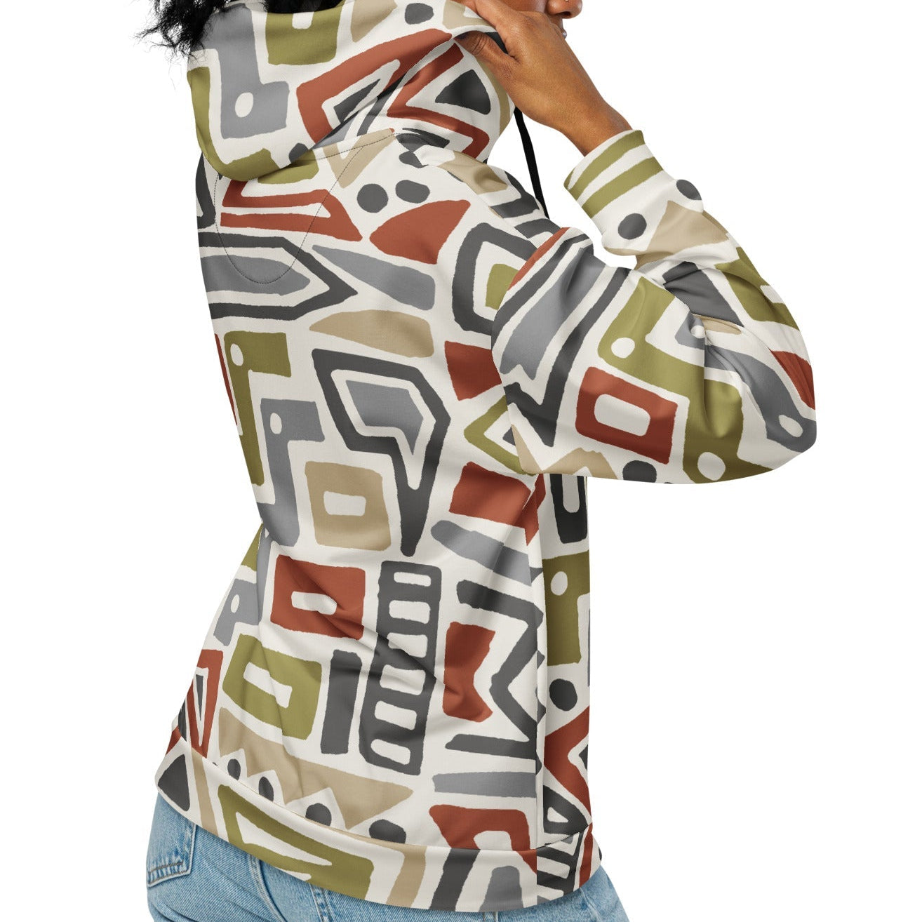 A model wearing The Amsterdam Zip Hoodie from BunnyBankY, showing the secure fit and the geometric futurism pattern in rich, earthy tones.