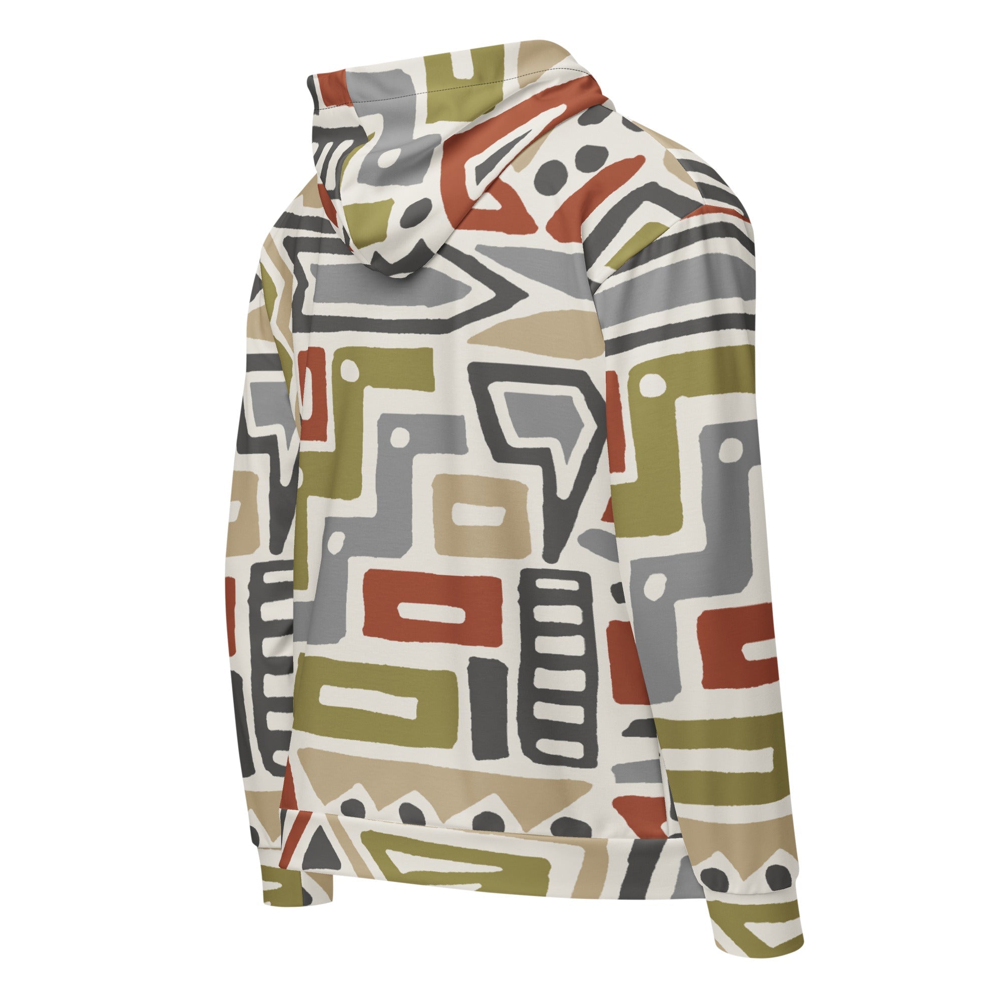 Close-up of The Amsterdam Zip Hoodie fabric, highlighting the textured, earthy tones of the geometric pattern and the soft feel of the 95% recycled polyester.