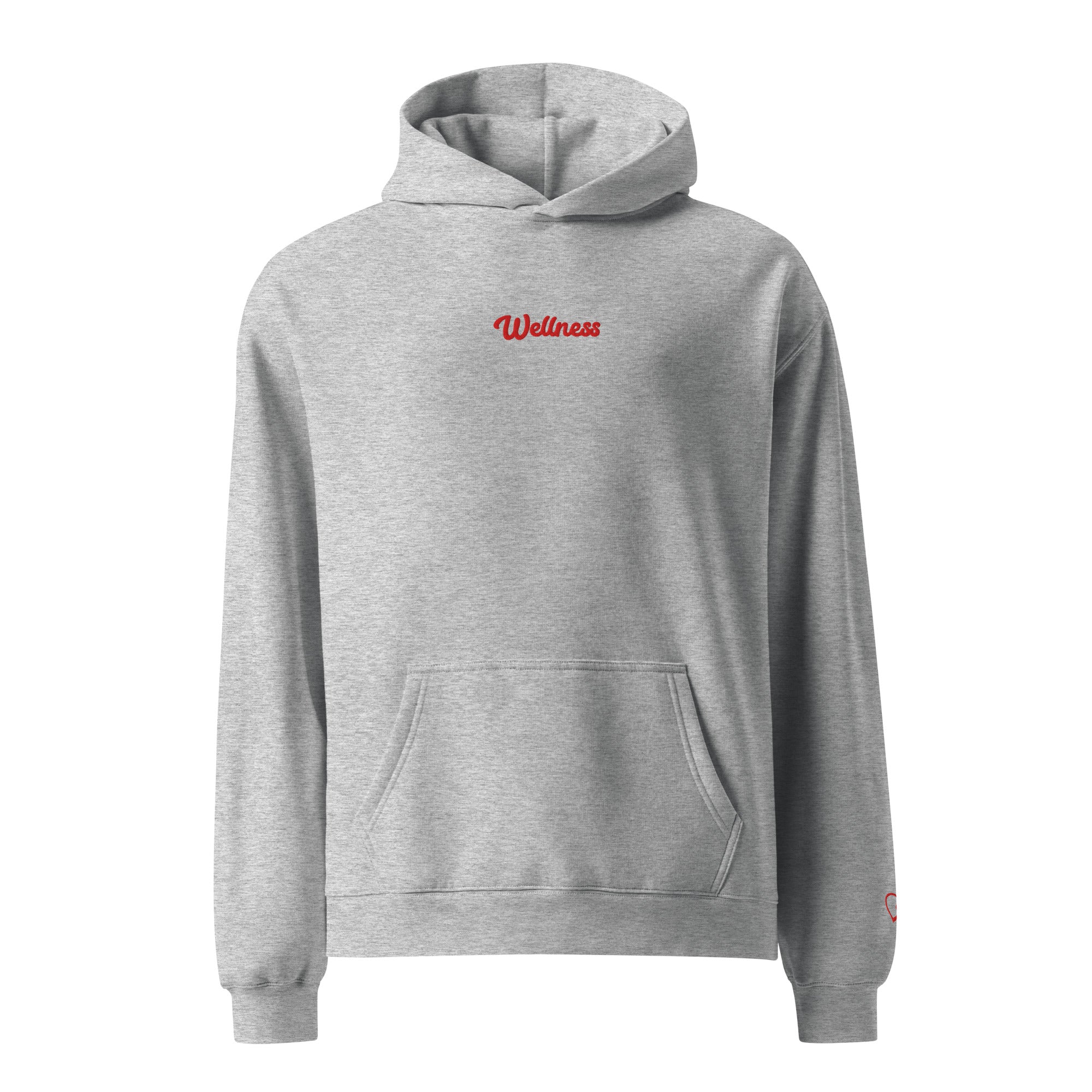 Aclose up of The Angel Wellness Hoodie, showing the oversized fit and the embroidered 
