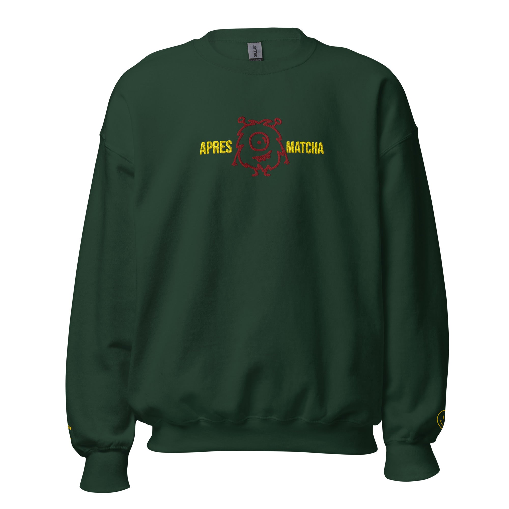 the arpres matcha sweatshirt in fe=orest green with vibrant graphic on center chest.