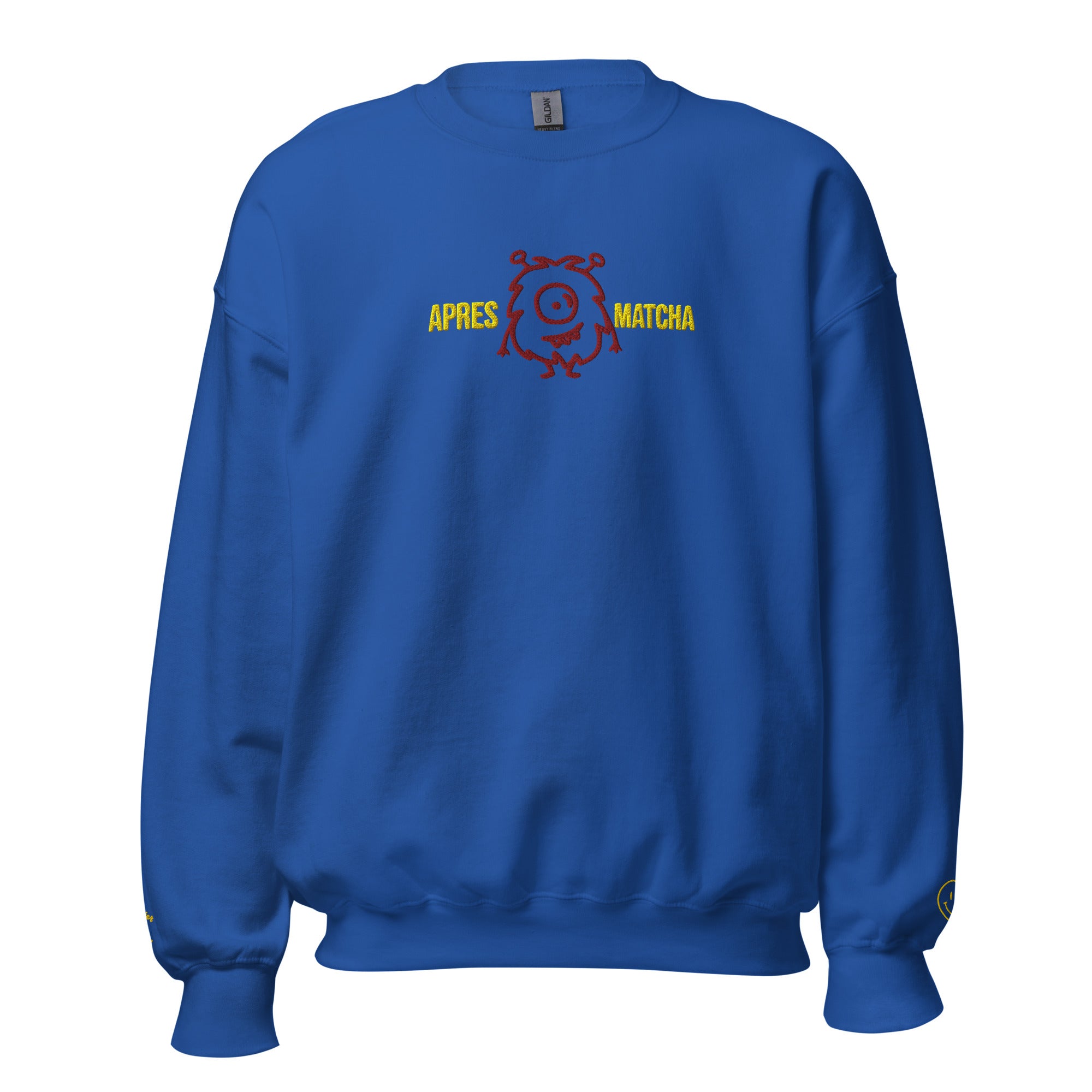 apres matcha sweatshirt in royal blue front with vibrant center chest graphic