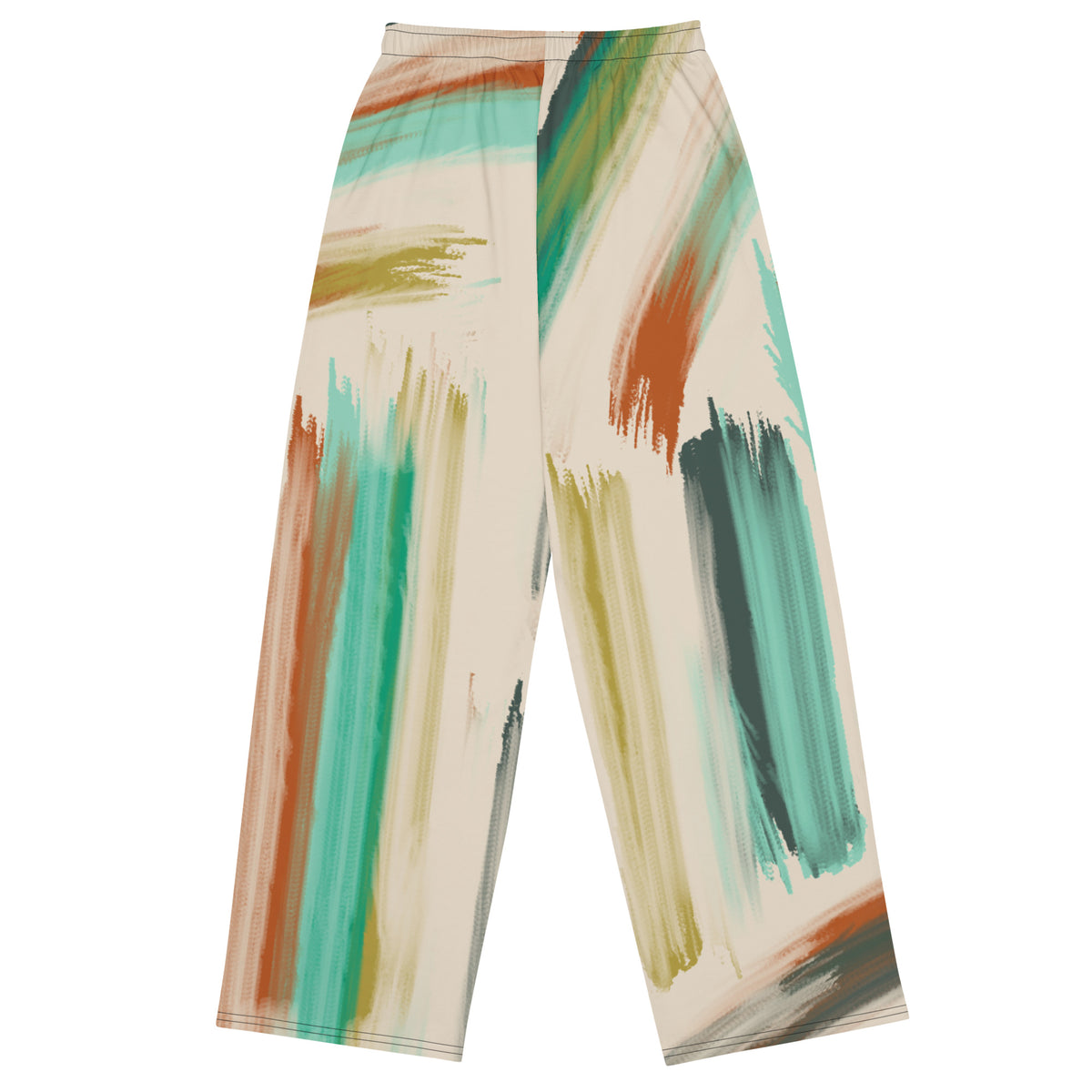 the artful aura flow joggers. high-waisted, wide-leg pants featuring an abstract brushstroke pattern in beige, brown, teal, and green, set against a plain white background.