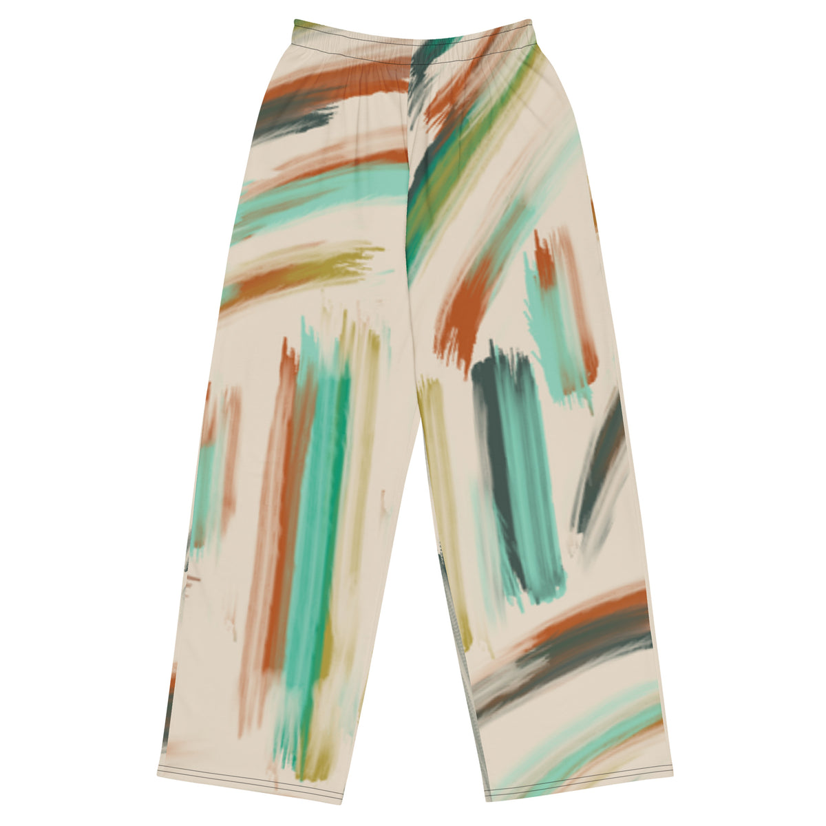 the artful aura flow joggers. high-waisted, wide-leg pants featuring an abstract brushstroke pattern in beige, brown, teal, and green, set against a plain white background.