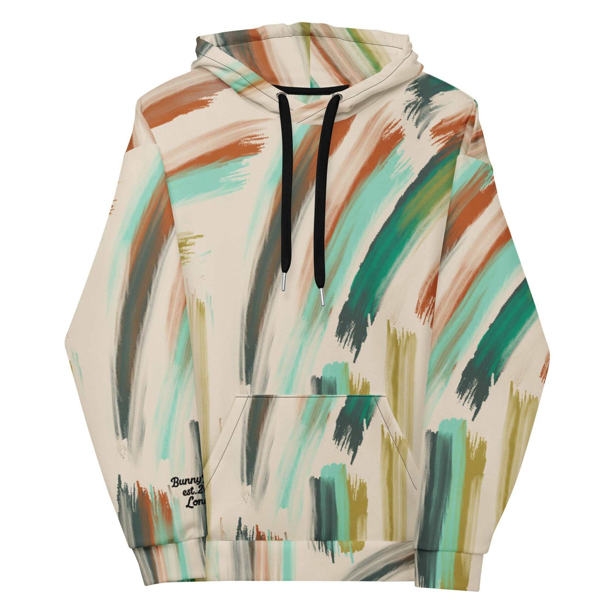 A close-up of The Artful Aura Hoodie's print, highlighting the gentle, painterly brushstrokes and the serene pastel green and beige colors.