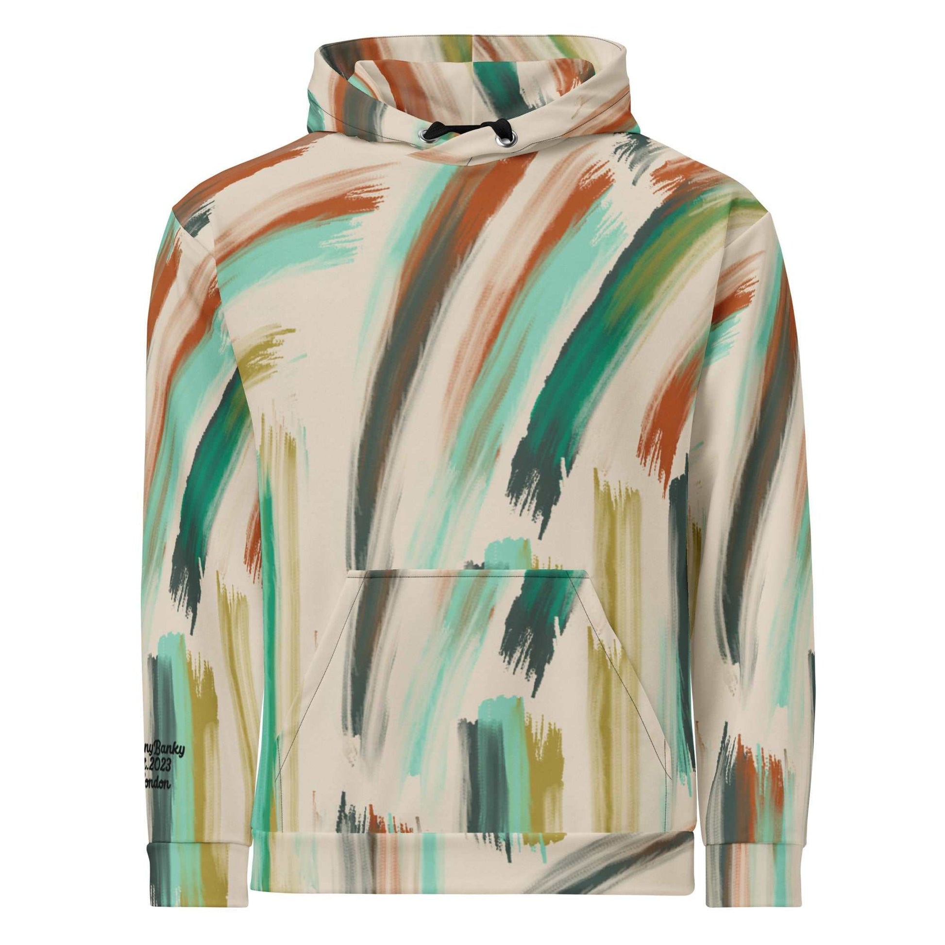 A close-up of The Artful Aura Hoodie's print, highlighting the gentle, painterly brushstrokes and the serene pastel green and beige colors.