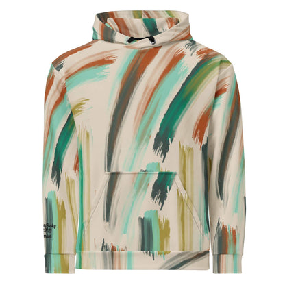 A close-up of The Artful Aura Hoodie's print, highlighting the gentle, painterly brushstrokes and the serene pastel green and beige colors.