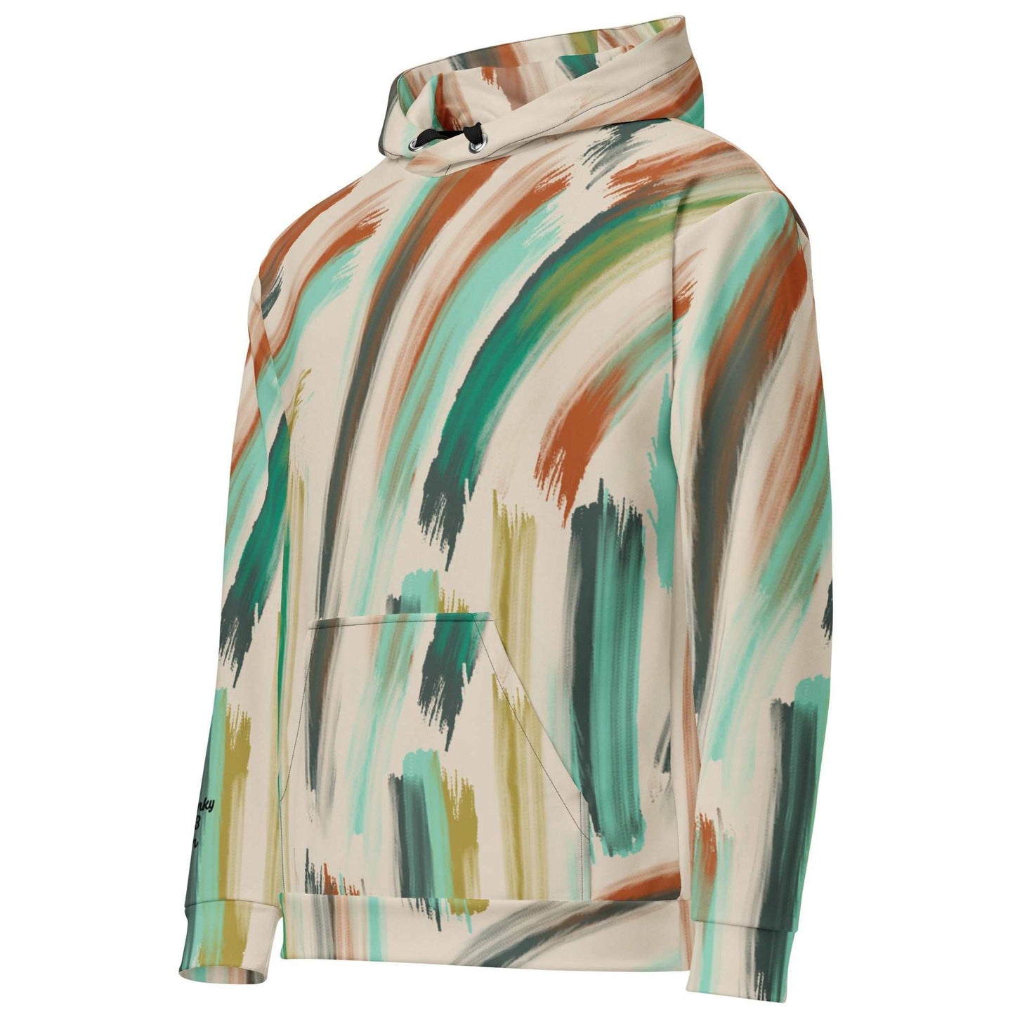 A close-up of The Artful Aura Hoodie's print, highlighting the gentle, painterly brushstrokes and the serene pastel green and beige colors.