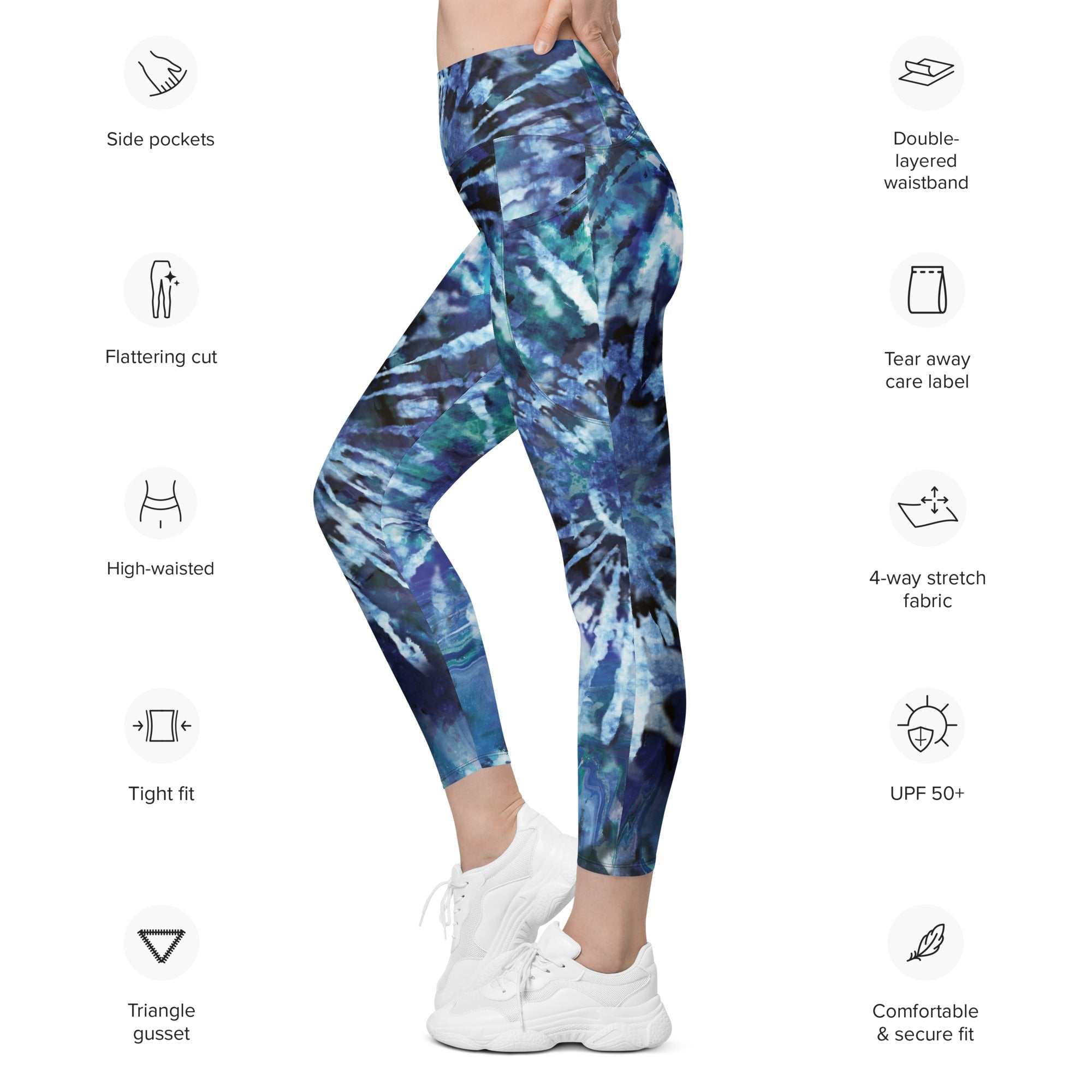A model wearing The Athens Sculpt Leggings, showing the high-waisted, sculpting fit and the signature blue tie-dye print.
