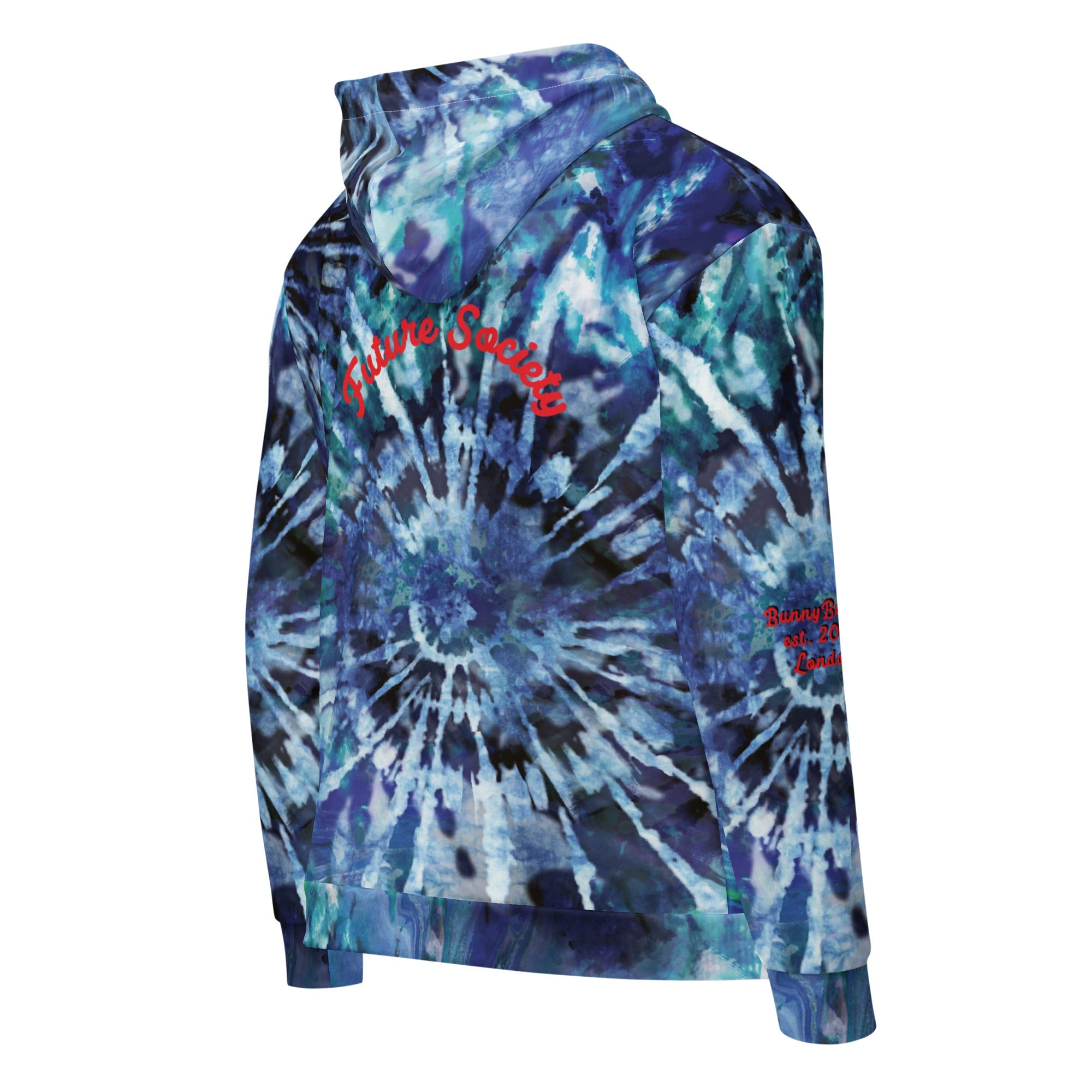 Close-up of The Athens Hoodie's tie-dye blue - future sociaty in red print at the back and the soft texture of the 95% certified recycled polyester fabric.
