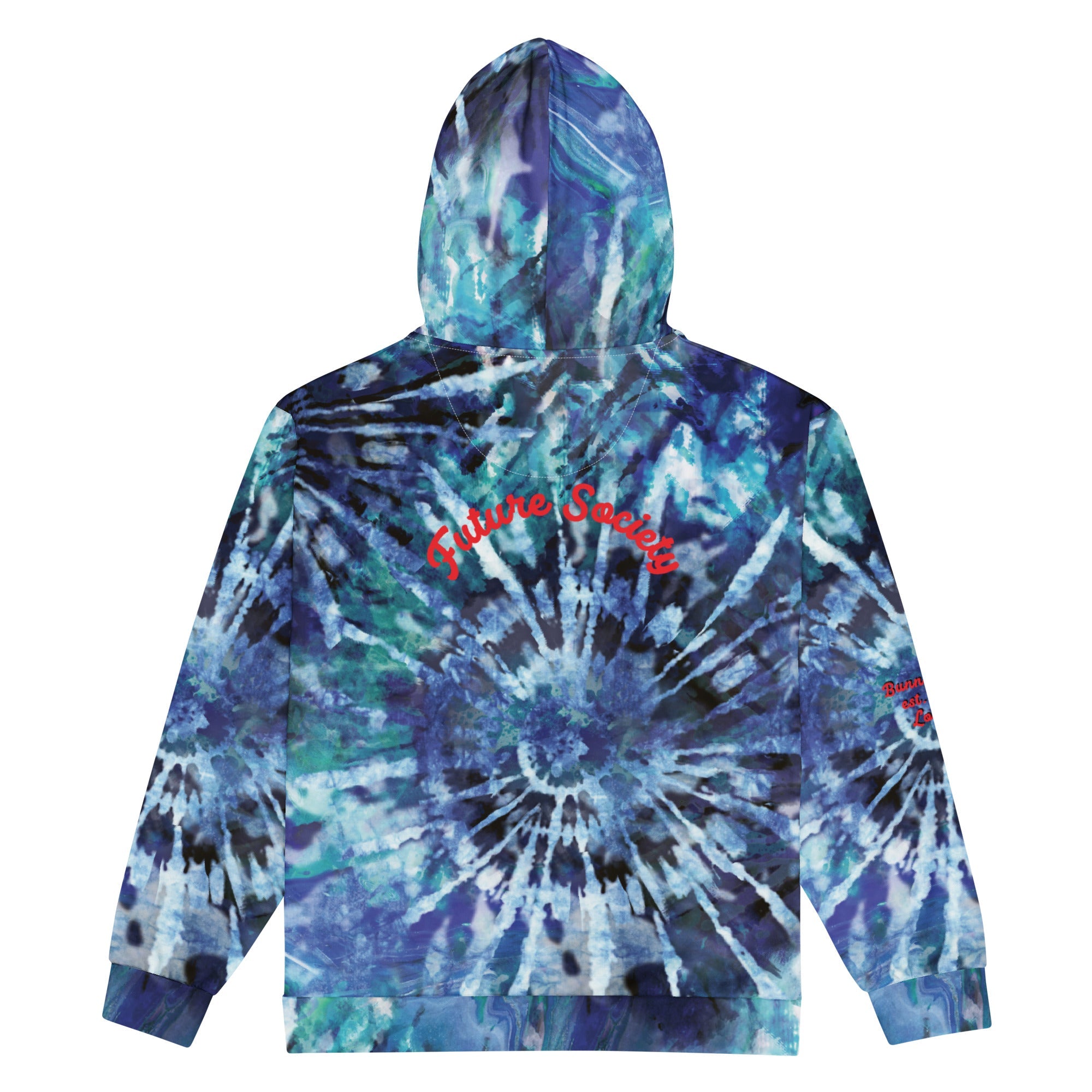Close-up of The Athens Hoodie's tie-dye blue - future sociaty in red print at the back and the soft texture of the 95% certified recycled polyester fabric.