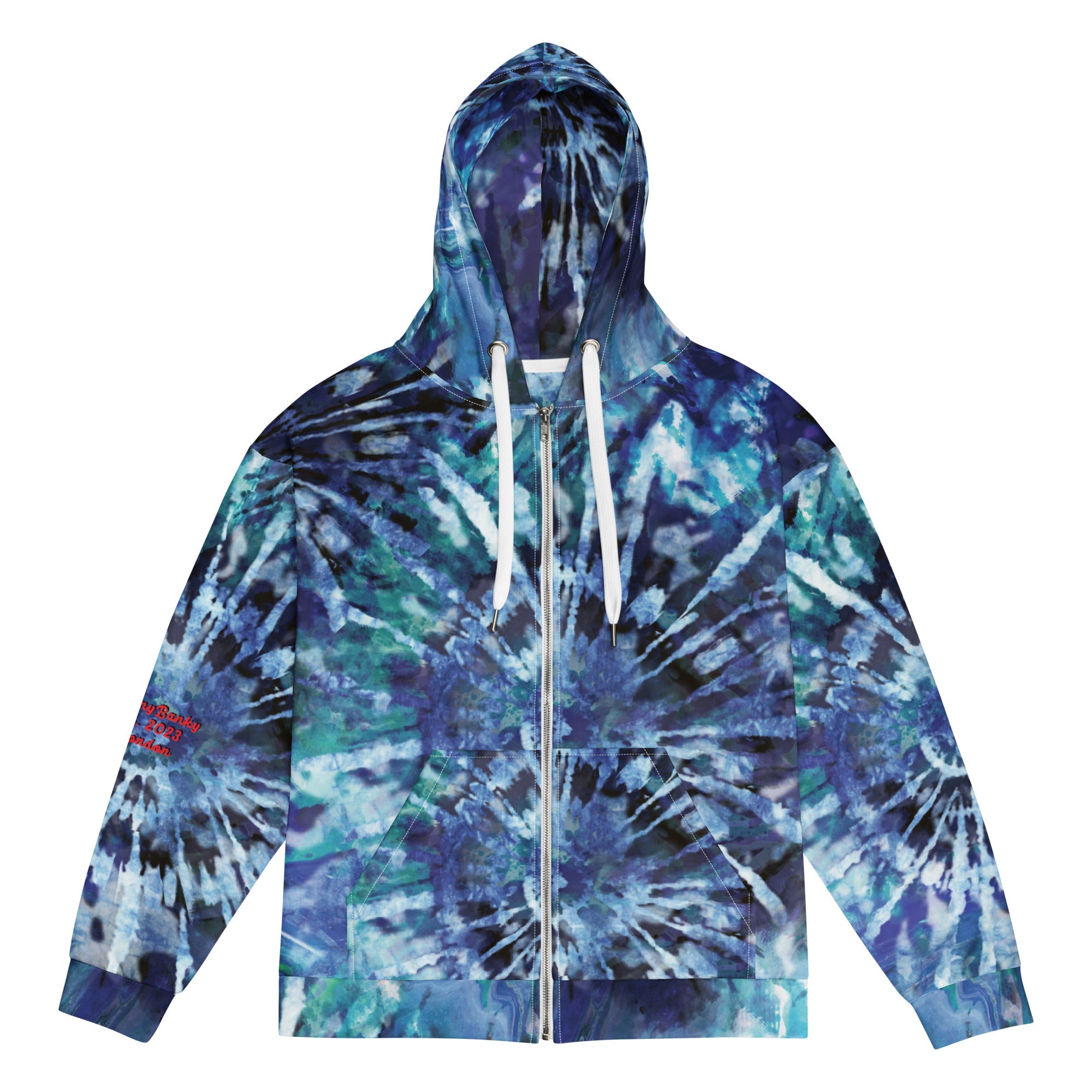 Close-up of The Athens Hoodie's tie-dye blue print and the soft texture of the 95% certified recycled polyester fabric.