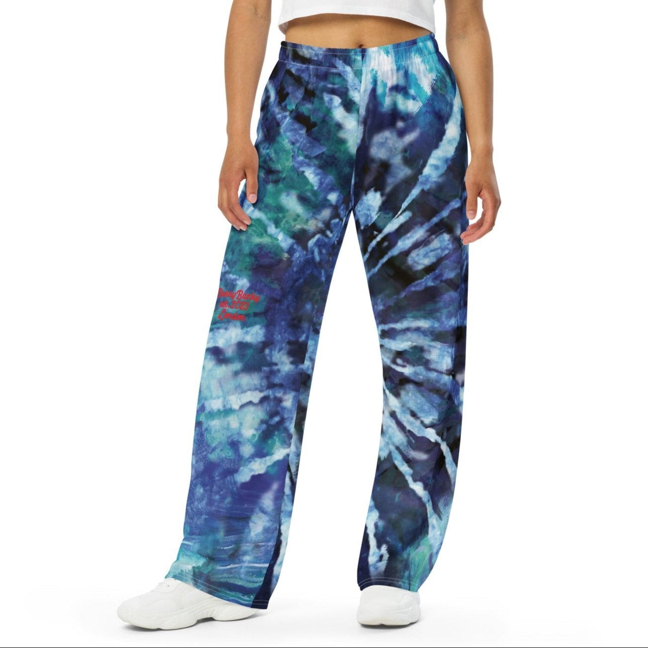 Model wearing the athens wide leg joggers highlighting the blue te diy hues