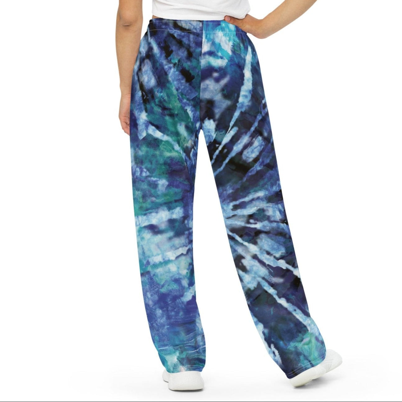 Model wearing the athens wide leg joggers highlighting the blue te diy hues