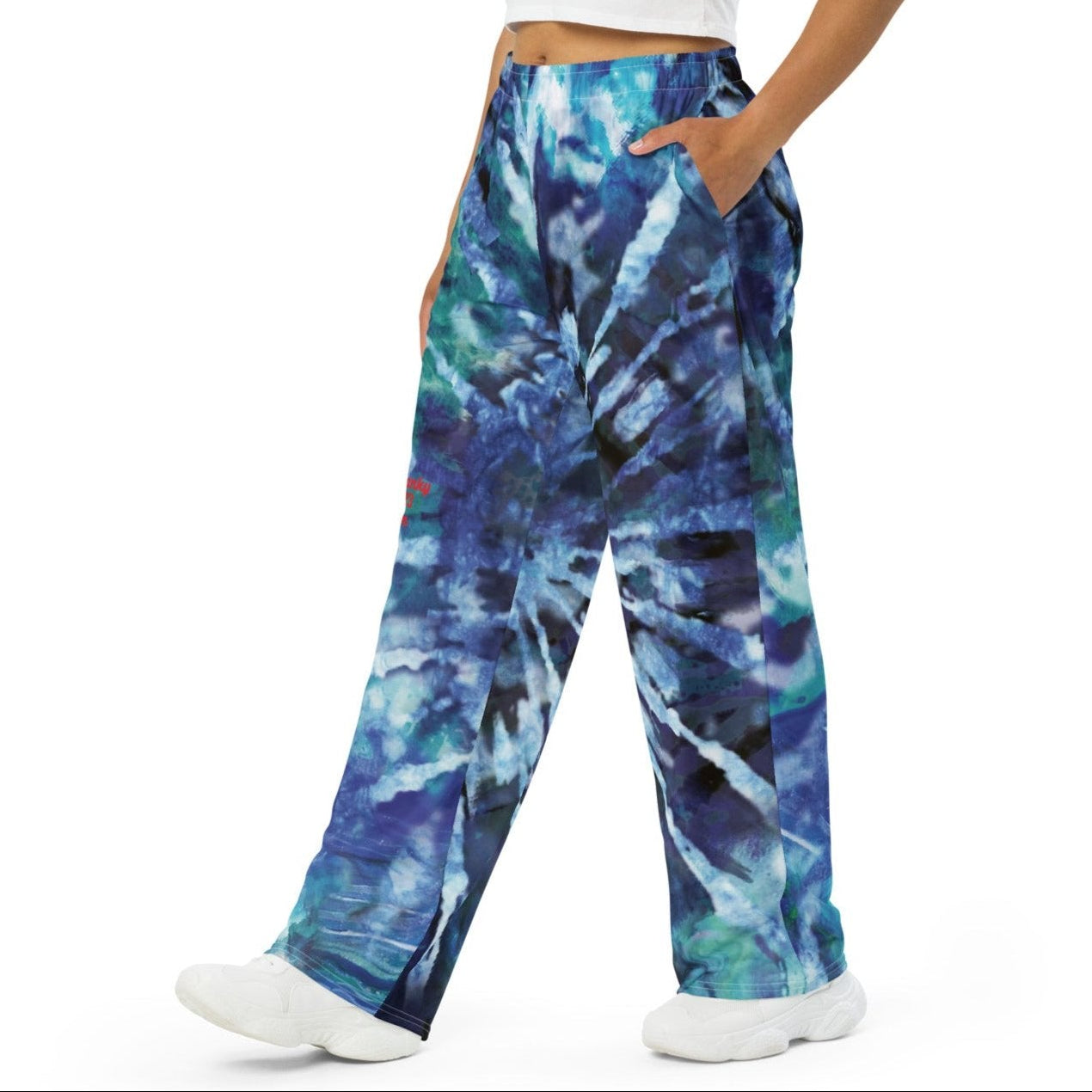 Model wearing the athens wide leg joggers highlighting the blue te diy hues