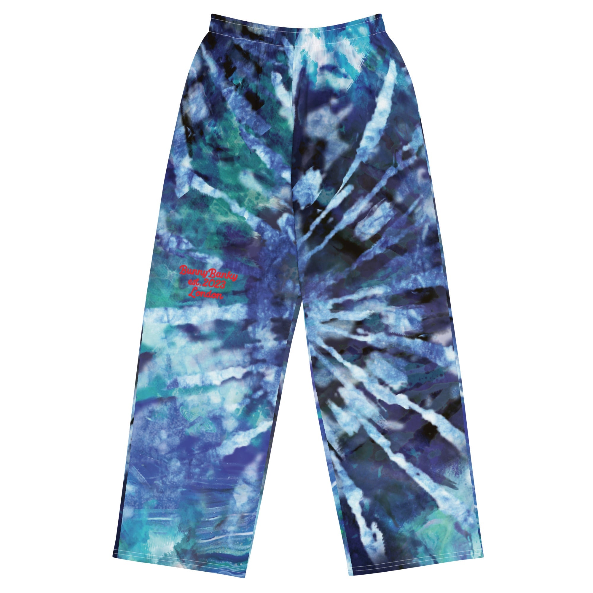 A close up of  the athens wide leg joggers highlighting the blue te diy huesy