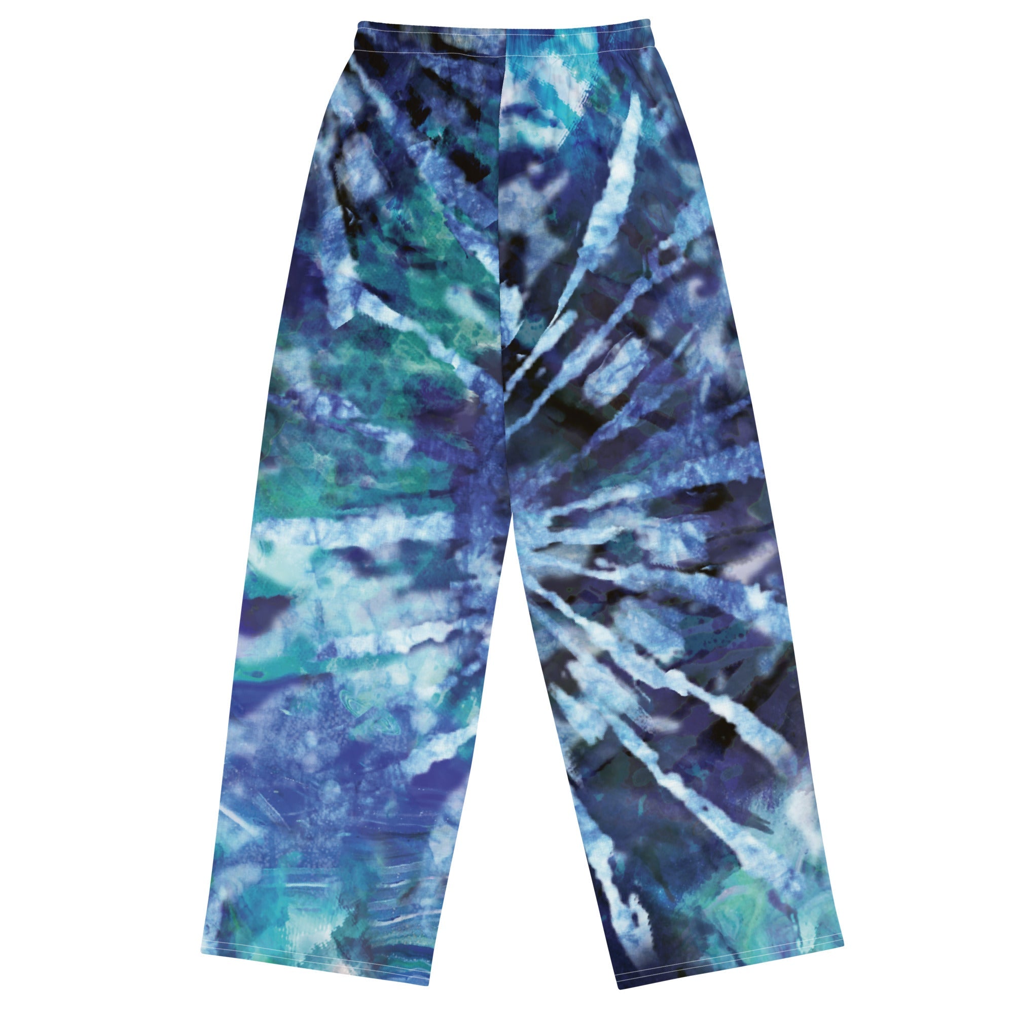 A close up of  the athens wide leg joggers highlighting the blue te diy hues