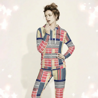 A BunnyBankY AI proprietary model wearing The Vienna Zip Hoodie and Vienna Slim Fit Joggers, showing the narrow fit, cuffed ankles, and the Art Nouveau graphic print in primary colours.