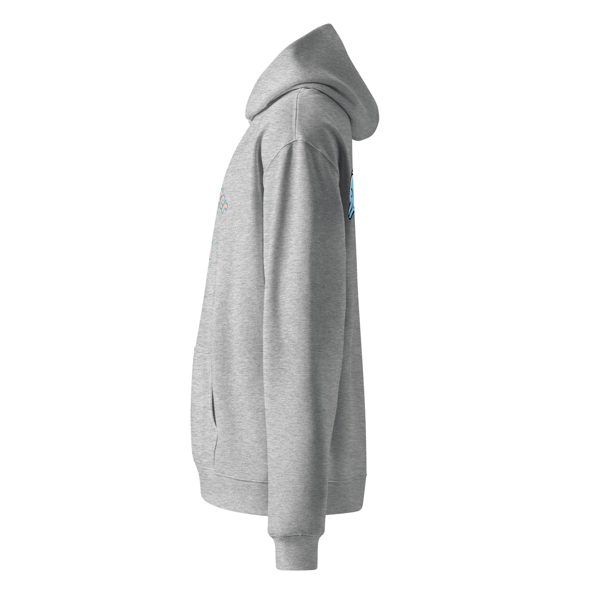 A close up of The Azimuth Oversized Hoodie, showing the relaxed fit, drawstring hood.