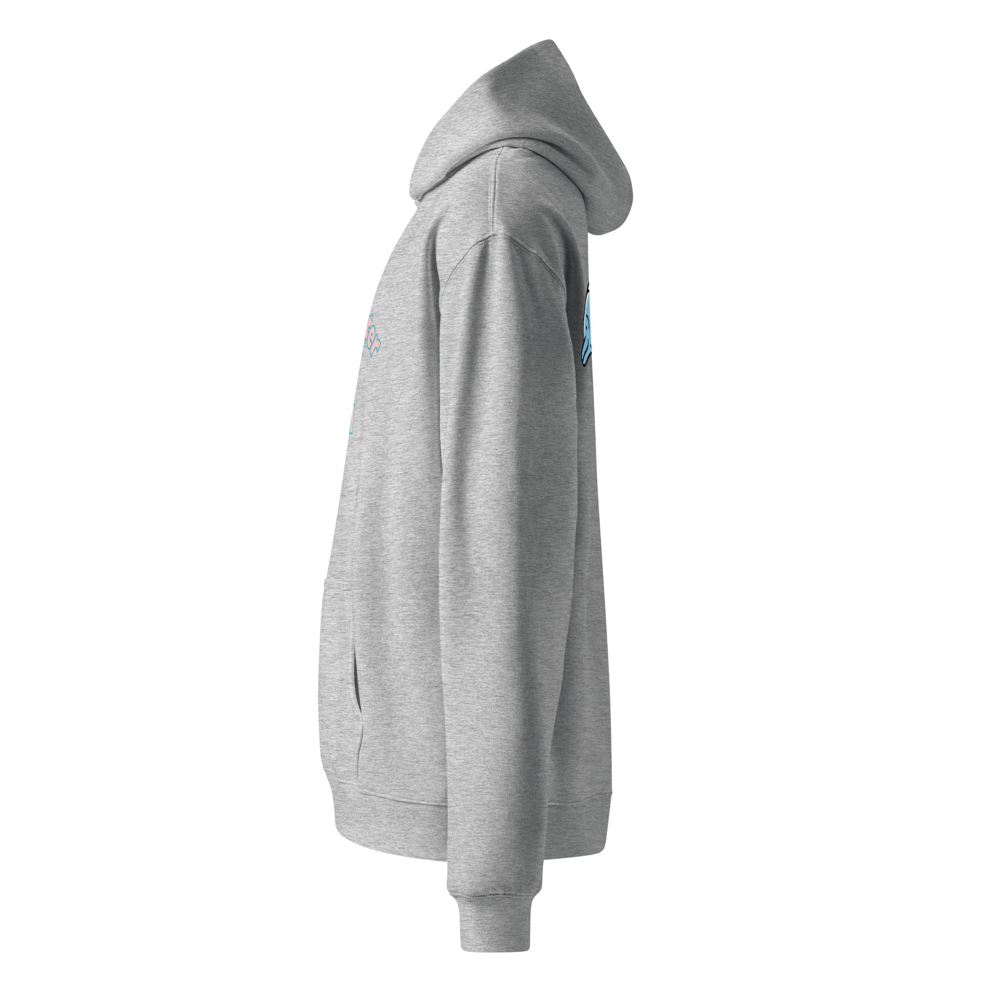 A close up of The Azimuth Oversized Hoodie, showing the relaxed fit, drawstring hood.