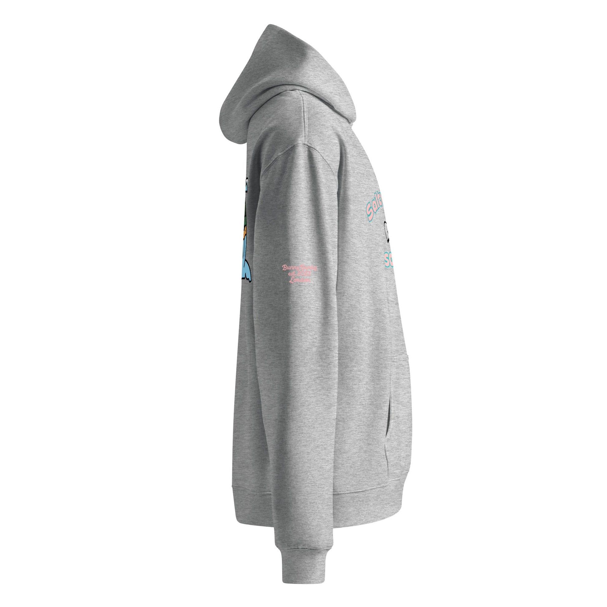 A close up of The Azimuth Oversized Hoodie, showing the relaxed fit, drawstring hood.