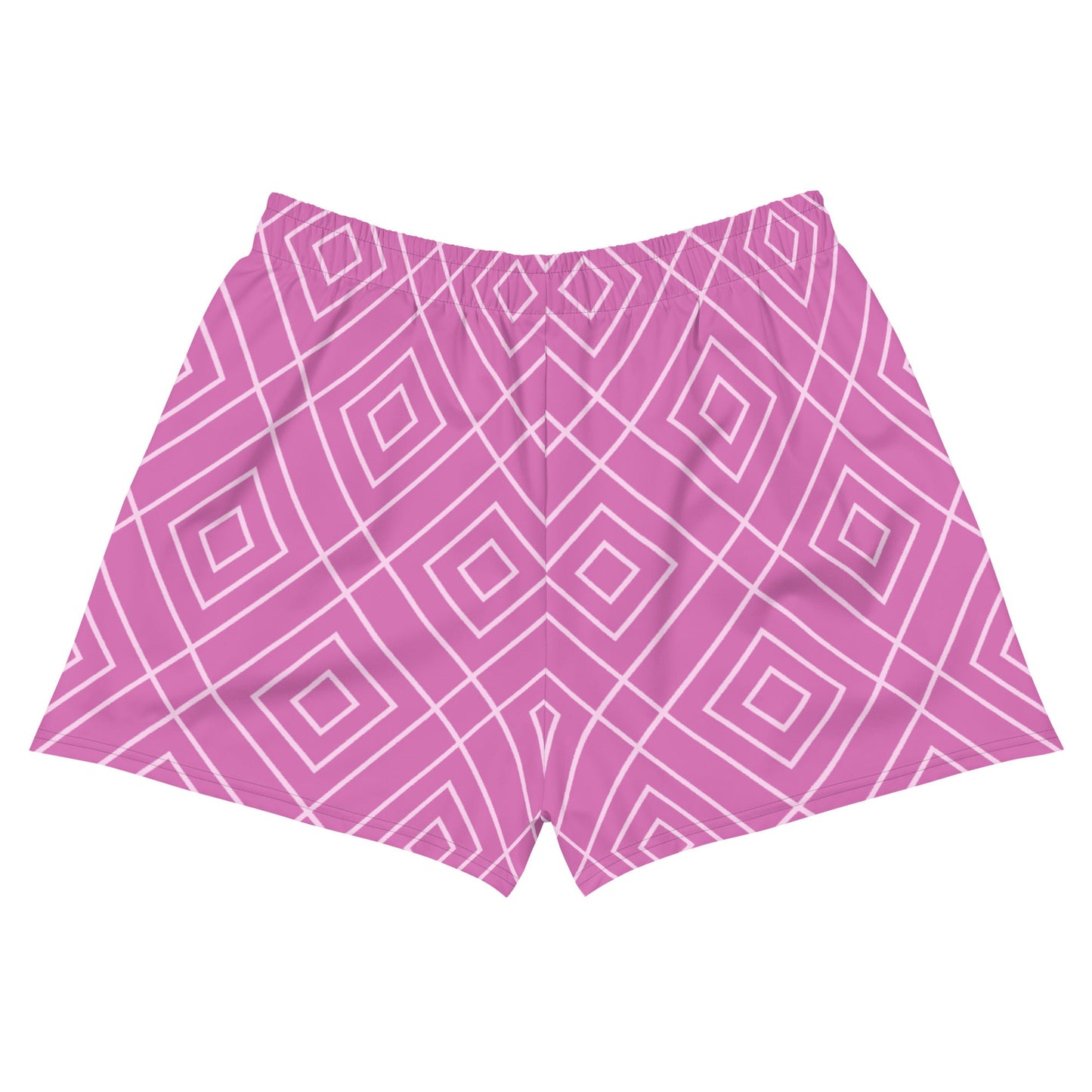 A model wearing the Bahamas Athletic Shorts, featuring an elaborate pink and white geometric lattice print.