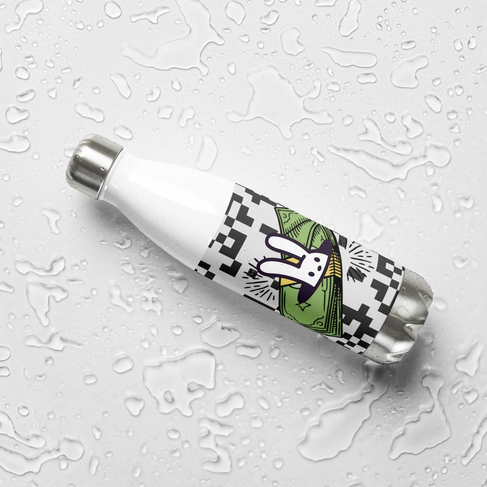 The BankY Bottle by BunnyBanky, a stainless steel water bottle with a glossy pop-art print of a bunny popping out of a stack of cartoon money.