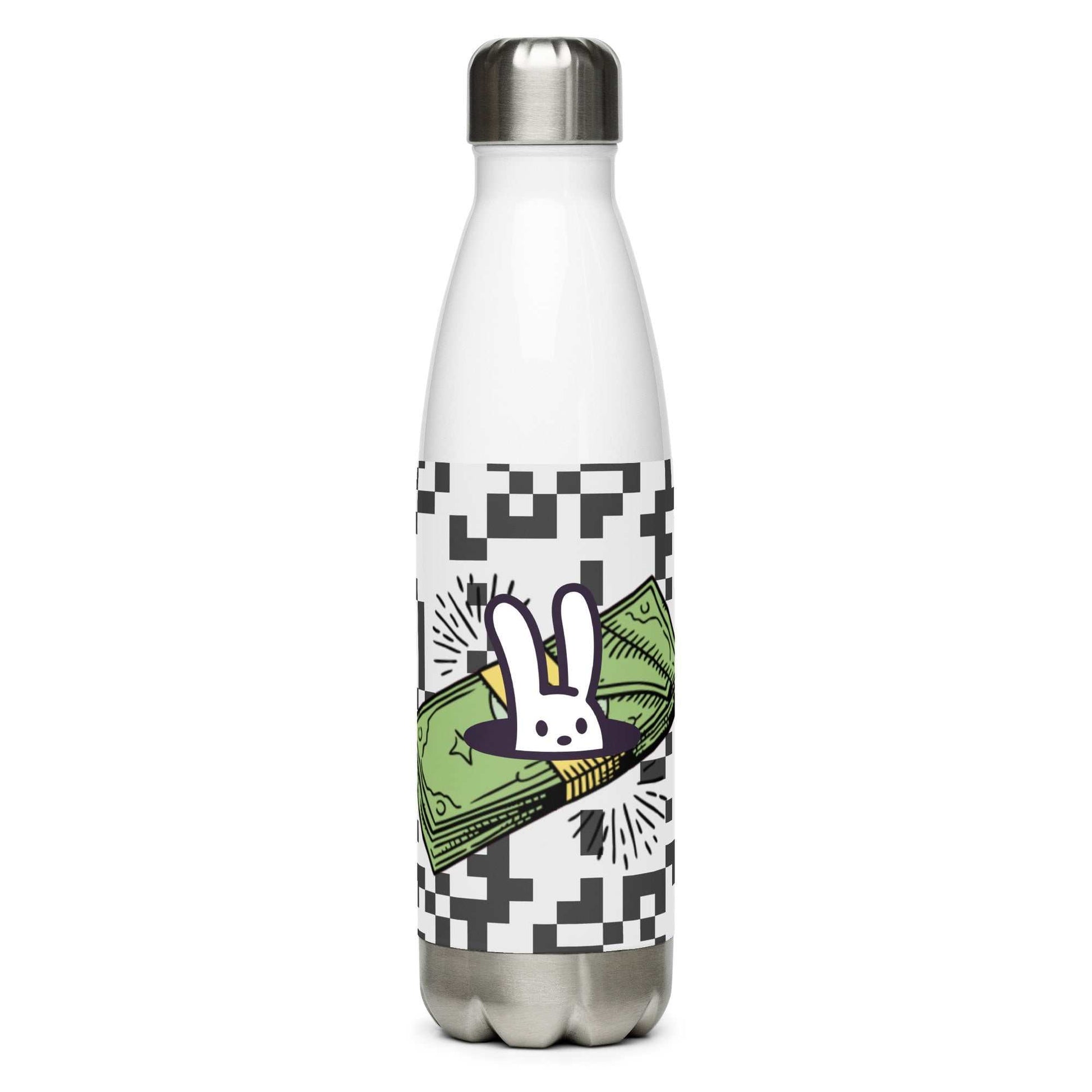 The BankY Bottle by BunnyBanky, a stainless steel water bottle with a glossy pop-art print of a bunny popping out of a stack of cartoon money.