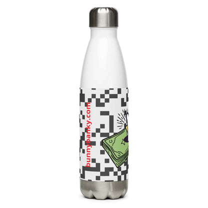 The BankY Bottle by BunnyBanky, a stainless steel water bottle with a glossy pop-art print of a bunny popping out of a stack of cartoon money.