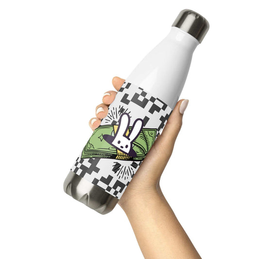 The BankY Bottle by BunnyBanky, a stainless steel water bottle with a glossy pop-art print of a bunny popping out of a stack of cartoon money.