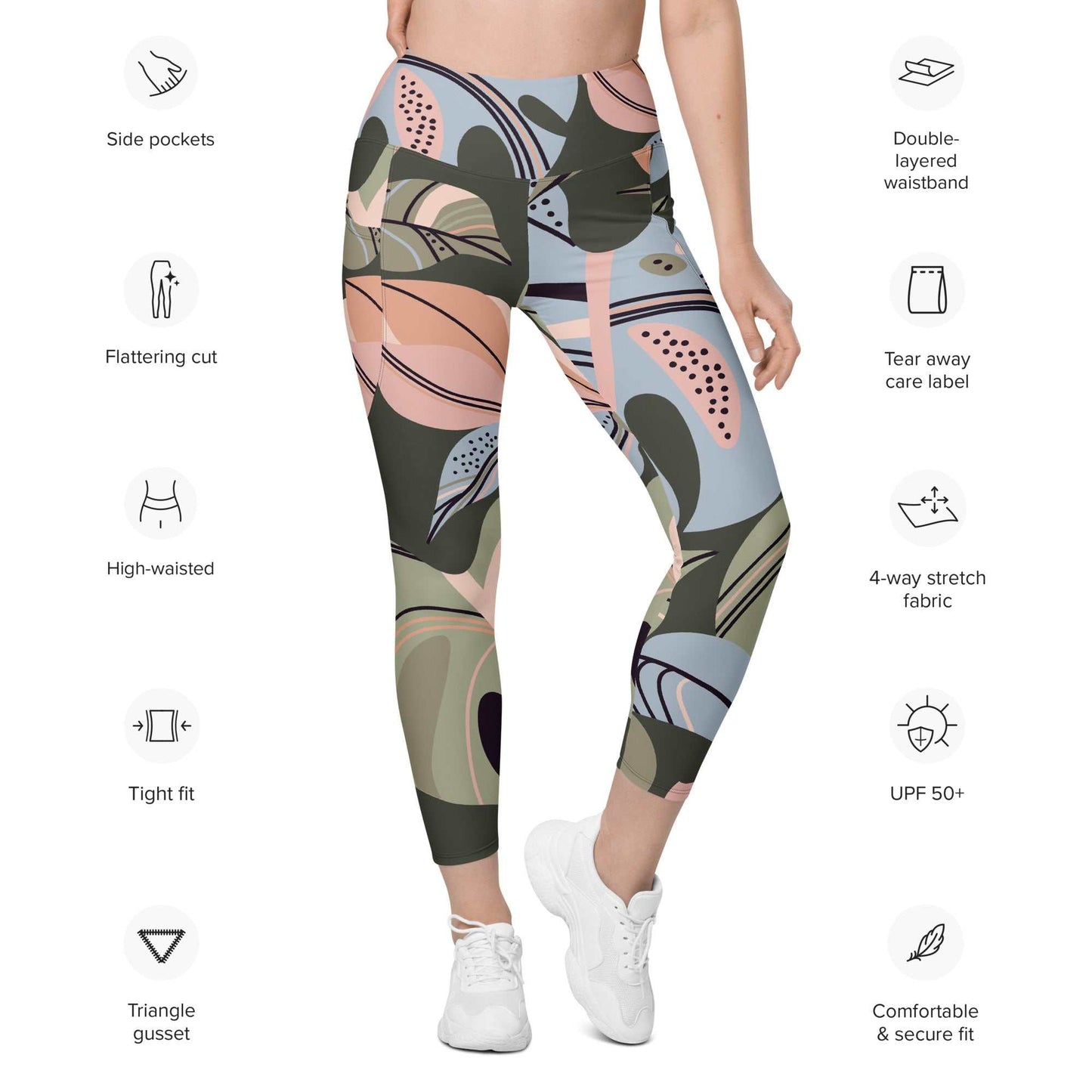 A model wearing The Barbican Sculpt Leggings, showing the sculpting fit and the pastel green and pink exotic flower print.