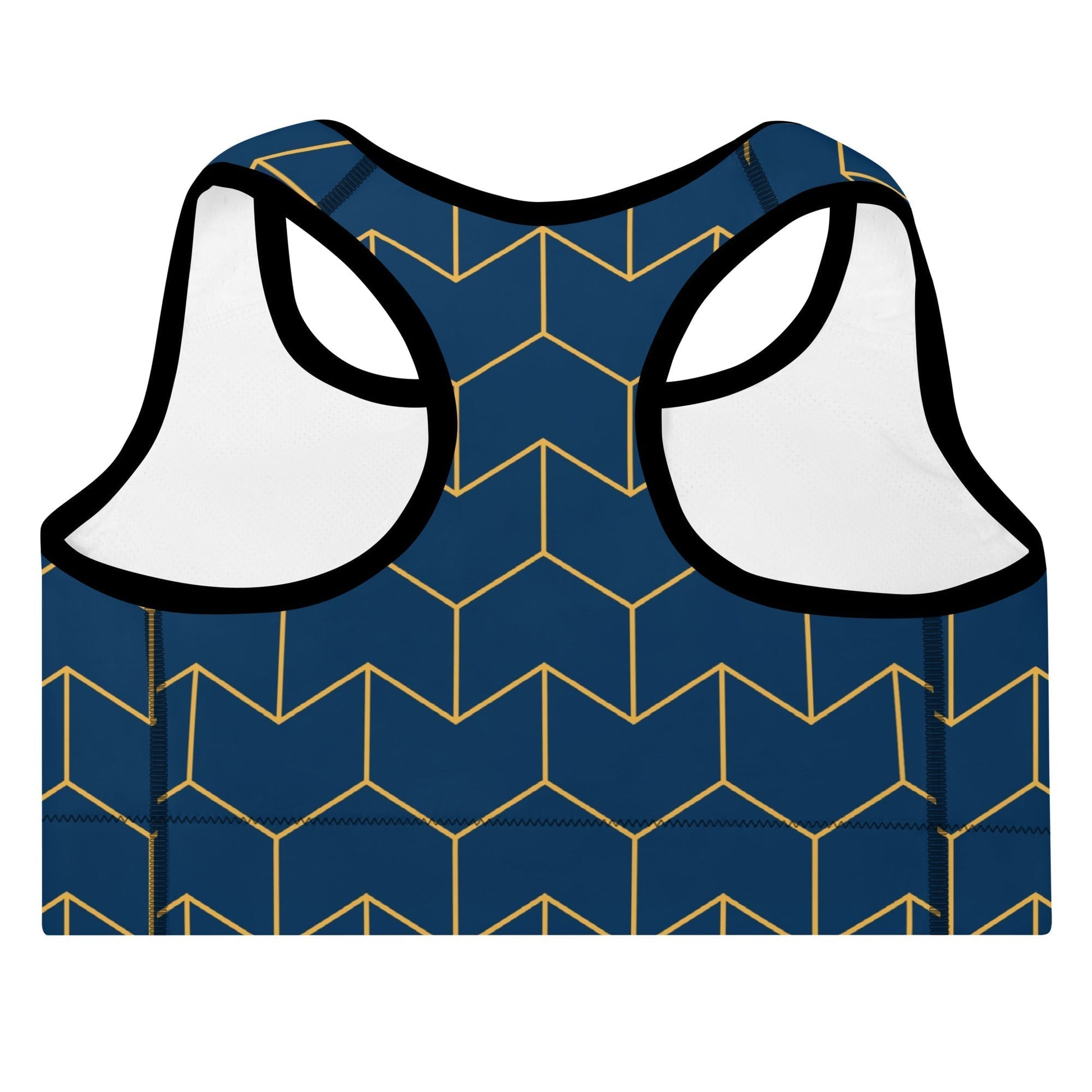 A close-up of The Barons Court Performance Bra, showing the supportive racerback and the navy and yellow Art Deco print.