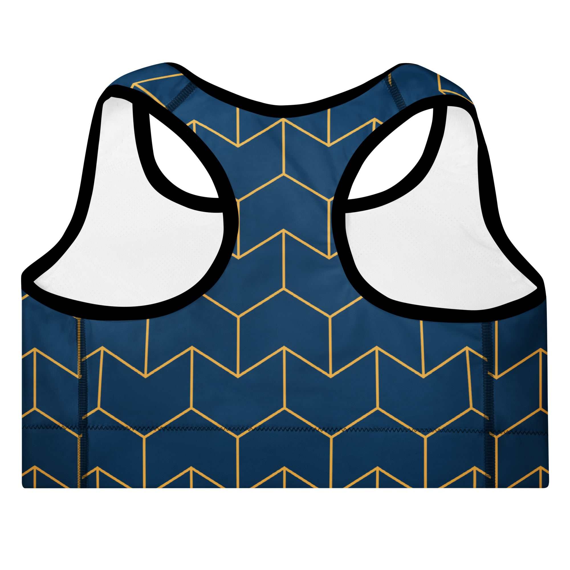 A close-up of The Barons Court Performance Bra's Art Deco print, showing the premium recycled fabric and quality stitching.