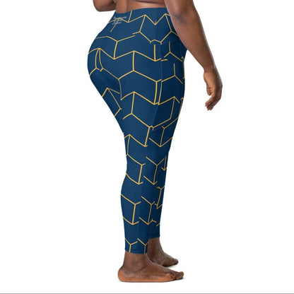 A model wearing The Barons Court Sculpt Leggings showing the matching navy and yellow Art Deco print.