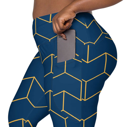 A model wearing The Barons Court Sculpt Leggings showing the matching navy and yellow Art Deco print.