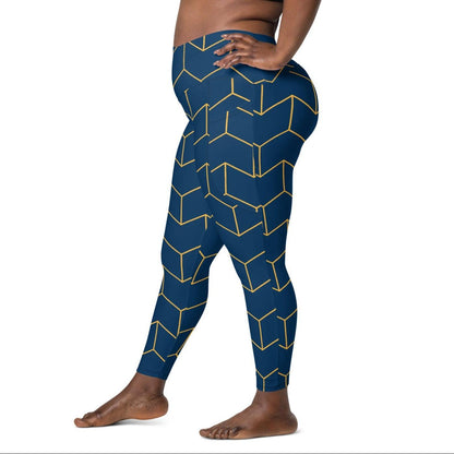 A model wearing The Barons Court Sculpt Leggings showing the matching navy and yellow Art Deco print.
