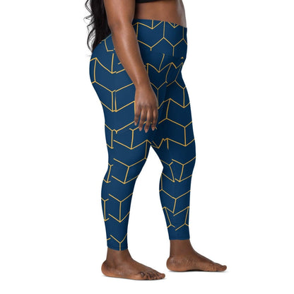 A model wearing The Barons Court Sculpt Leggings showing the matching navy and yellow Art Deco print.