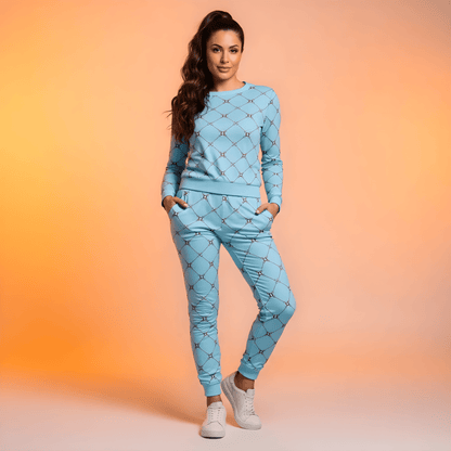 AI Proprietary Model wearing the Belgravia Slim Fit Joggers in the burgundy monogram print, showing the tailored fit against the light blue background.