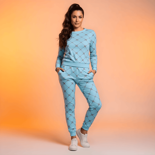 AI Proprietary Model wearing the Belgravia Slim Fit Joggers in the burgundy monogram print, showing the tailored fit against the light blue background.