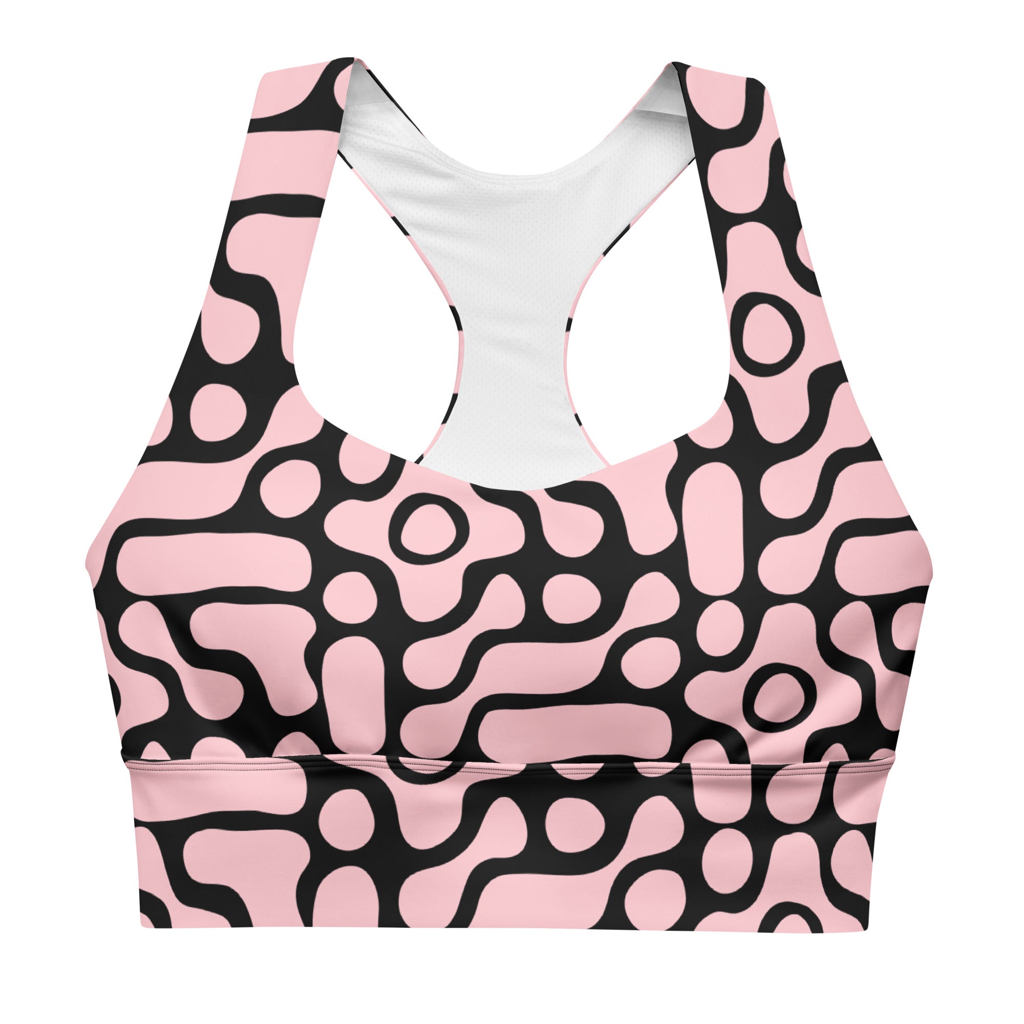 the Berlin Performance Bra in black geometric floral pattern on pink background