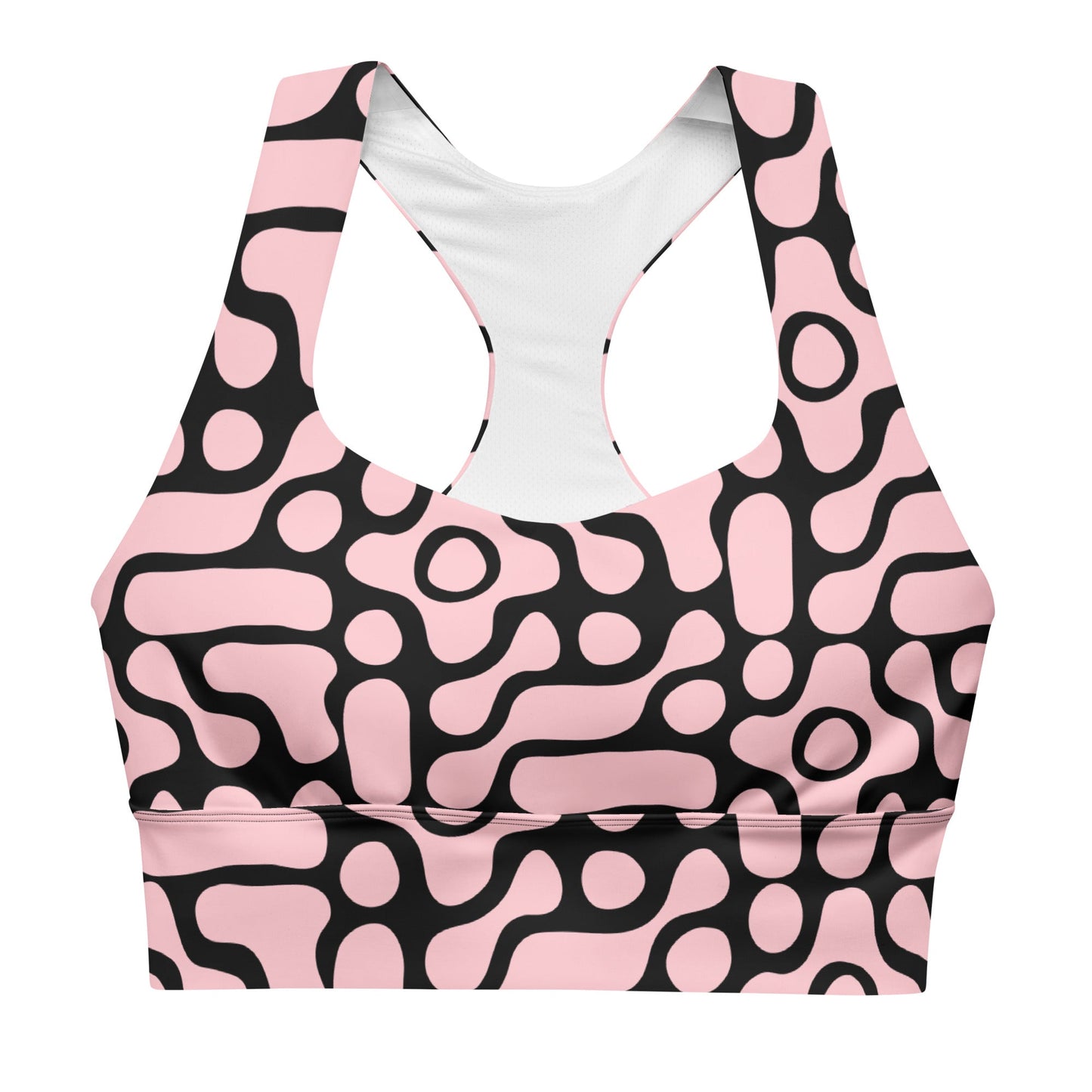 the Berlin Performance Bra in black geometric floral pattern on pink background