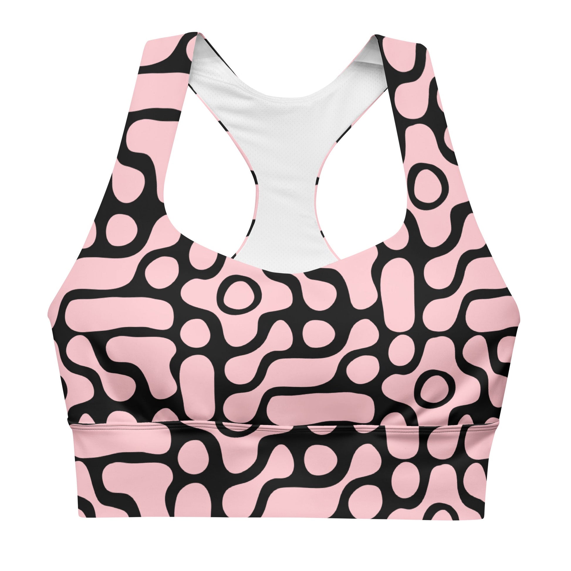 the Berlin Performance Bra in black geometric floral pattern on pink background